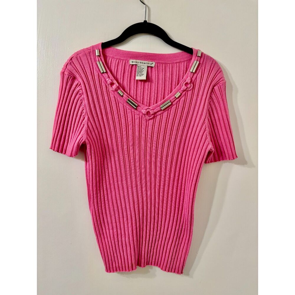 Requirements 90s L Aglet Beaded V Neck Peachy Pink Stretch Ribbed Short Sleeve